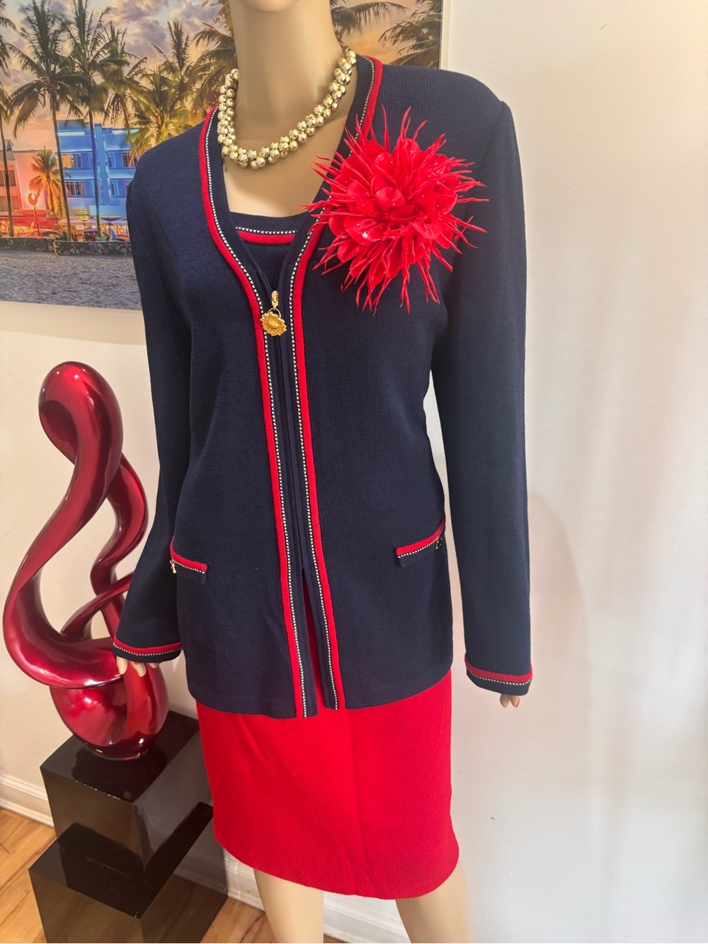 St. John Navy Blue Red Trim Gold Accents skirt suit 3 piece 12 L embellished